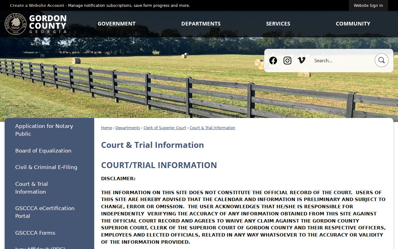 Gordon County court calendar and trial information index