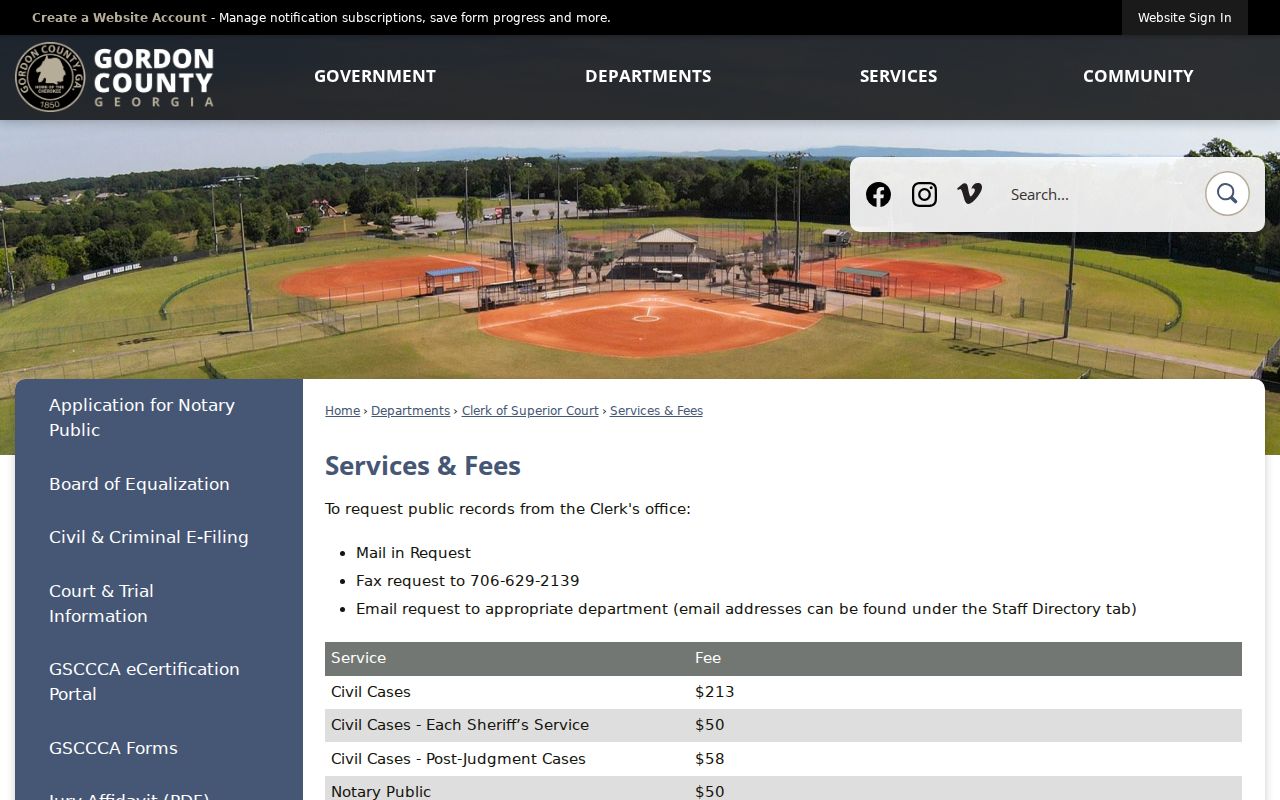 Gordon County court docket clerk services and copy fees
